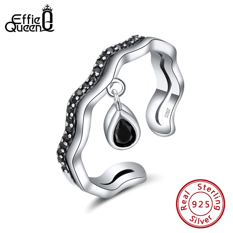 

Effie Queen Genuine S925 Silver AAAA Black Zircon Irregular Rings Women with Pendant Open Ring Luxury Jewelry Party Gift TSR146
