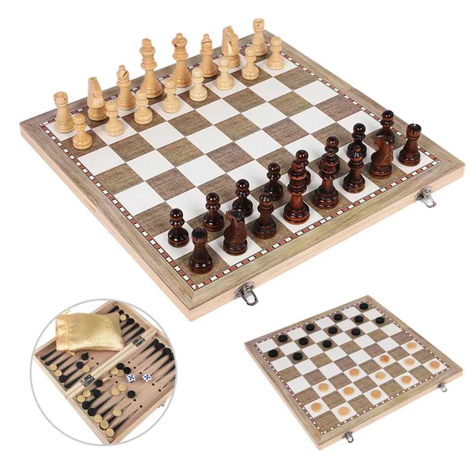 3 in 1 Hand Made Wooden Board Game Set Travel Games Chess Backgammon Draughts