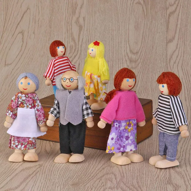 7pcs Cute Poseable Mini People Action Figures Wooden Dolls Pretend Family Members Toys for Children Kids Gift Home Decor 2