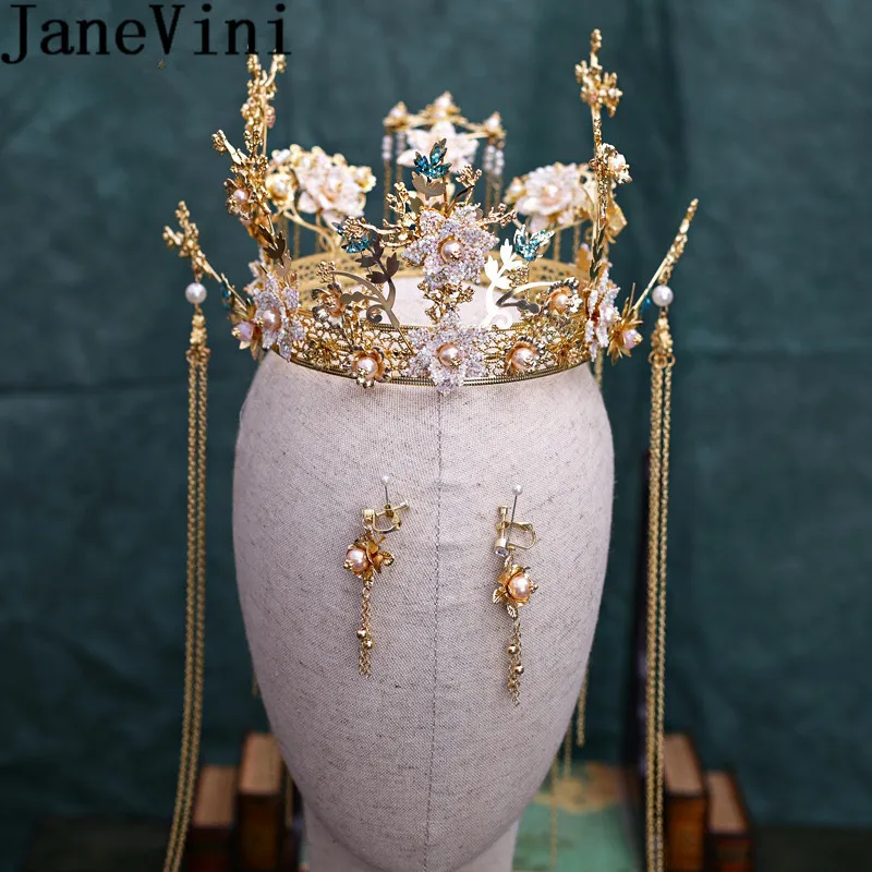 

JaneVini Gold Long Tassel Bridal Crowns and Earrings Set Chinese Style Pearls Bead Women Bride Wedding Hair Accessories Headwear