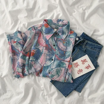 

Loose Chiffon Printed Women Shirts Autumn New Long-Sleeved Elegant Turn-Down Collar Thin Female Outwear Tops
