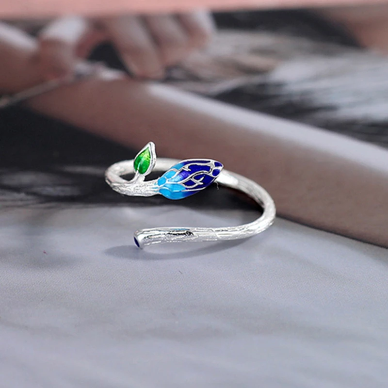 

Vintage Charm 925 Sterling Silver Color Gradient Enamel Bud Plant Adjustable Ring Fine Jewelry For Women Personality Gift