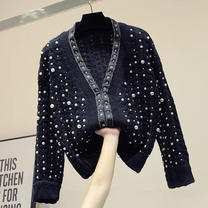 

Autumn Winter New Korean Embroidered Bead Stitching Knitted Sweater Women Loose Black Knitting Coat Jacket Female Jumpers Jacket