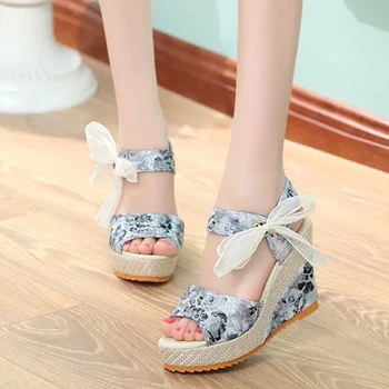 

Woman Lace Bandage Sandals Women Wedge Fashion Print Women's Comfortbale Platform Shoes Ladies Peep Toe Wedges Female Footwear
