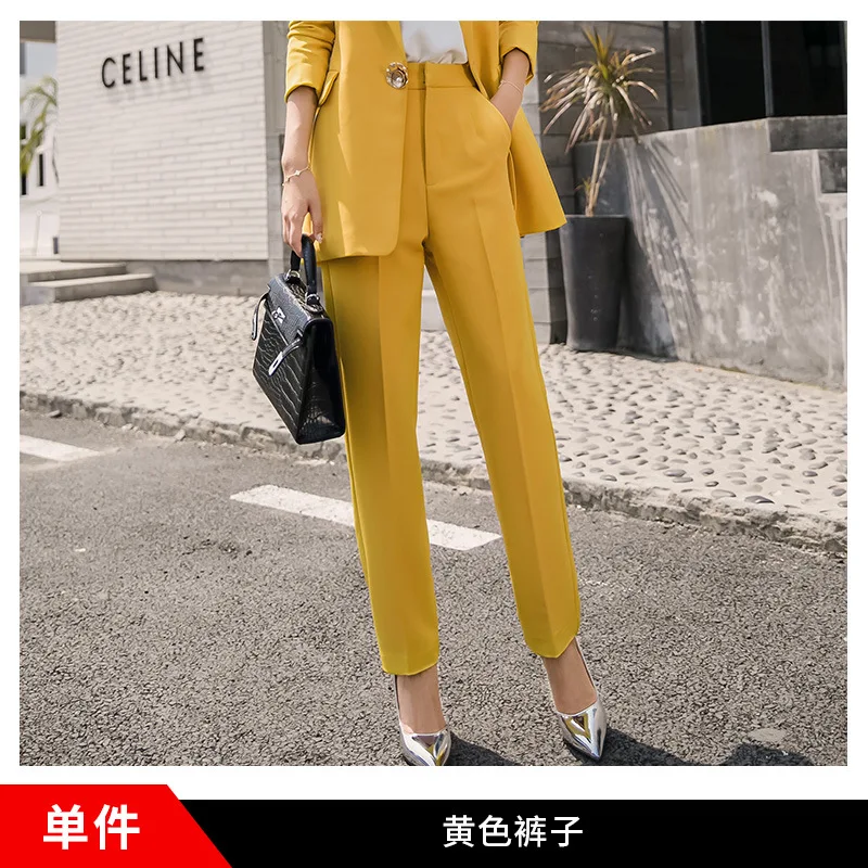 only pants Женская одежда, повседневные однотонные женские брючные костюмы, блейзер с зубчатым воротником, куртка и брюки-карандаш, желтый женский костюм, осенний высококачественный - Цвет: only pants
