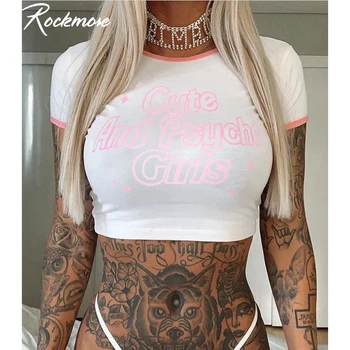 

Rockmore Cute Top Women Kawaii Shirt Letter Print Contract Color Tshirts Bodycon Crop Tops Short Sleeve O-Neck T-Shirts Summer