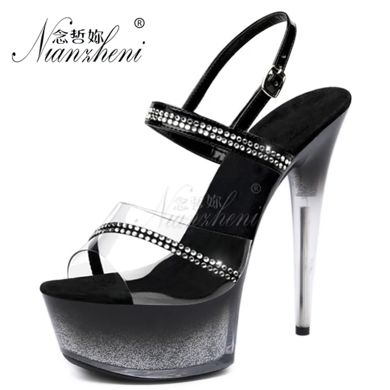 

All match New style 6 inches Women's Sandals 15cm Super Stiletto heels Shallow Bling Buckle strap Clubbing Pole dancing Elegant