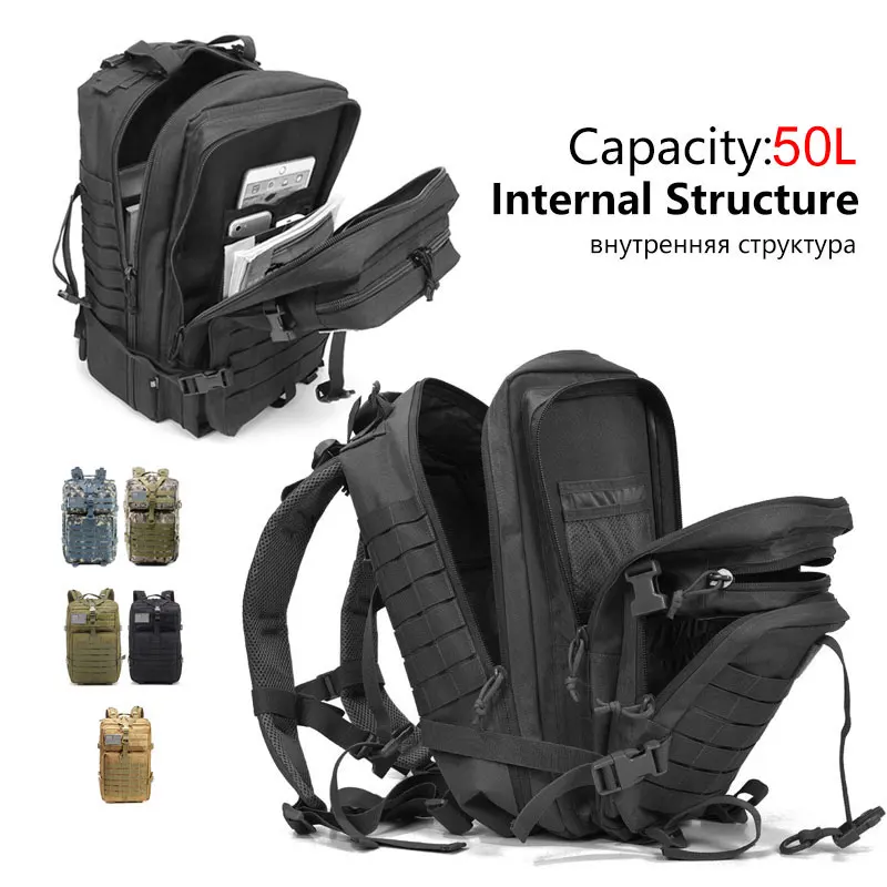 

50L Large Capacity Man Army Tactical Backpacks Outdoor Waterproof Military Assault Bags 3P Pack For Sport Trekking Camping Hunt