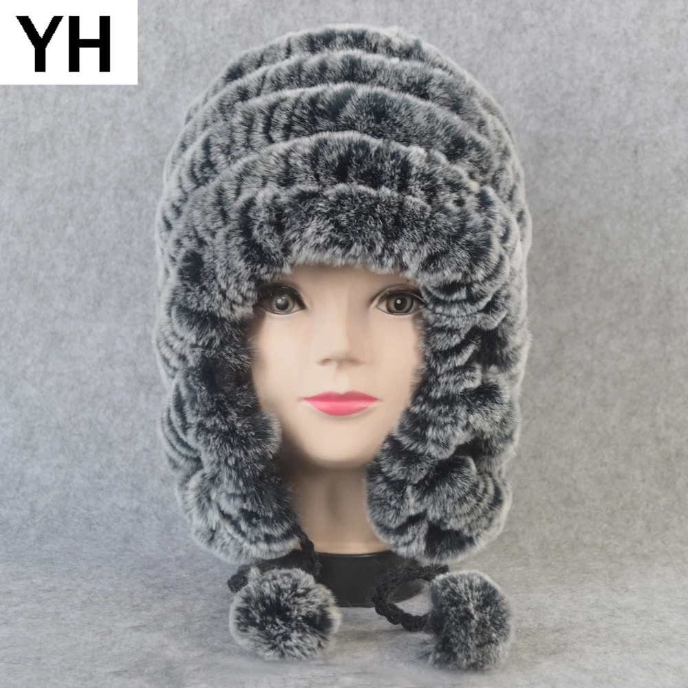 Женская вязаная шапка ушанка из натурального меха кролика рекс|Женские Skullies и