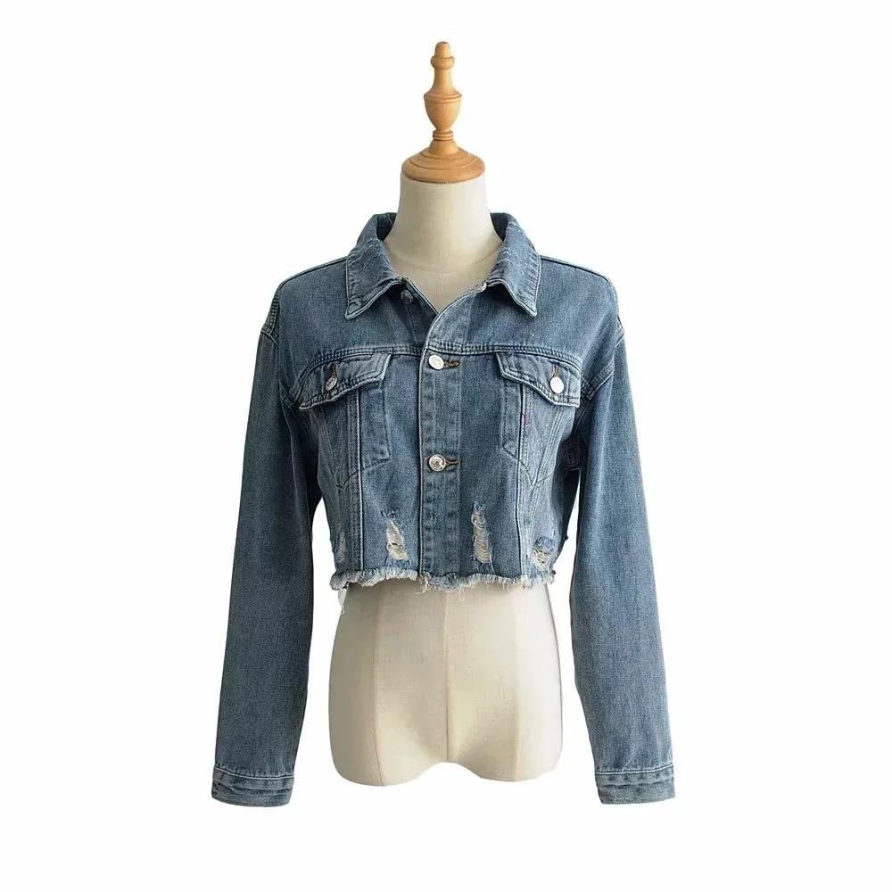 

Early Autumn New Style Cool with Holes Jeans Coat Women's Europe And America Retro Washing Short Slim Fit Denim Jacket