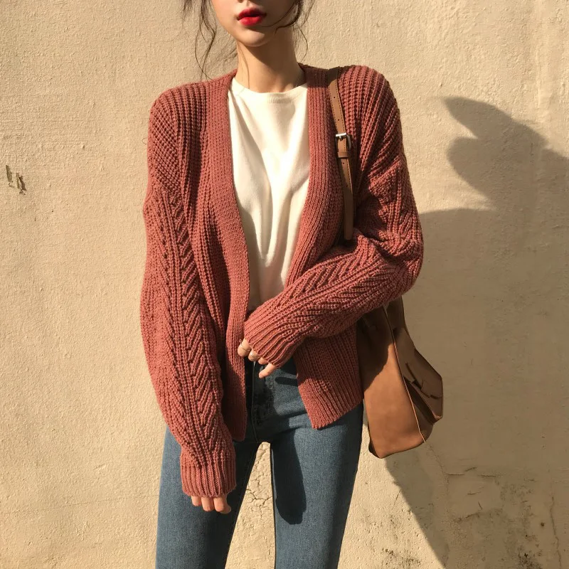 

Thick Knitting Cropped Cardigan Vintage Sweater Knitted Jersey Mujer Casual Harajuku Chompas De Invierno Fall Womens Long Sleev