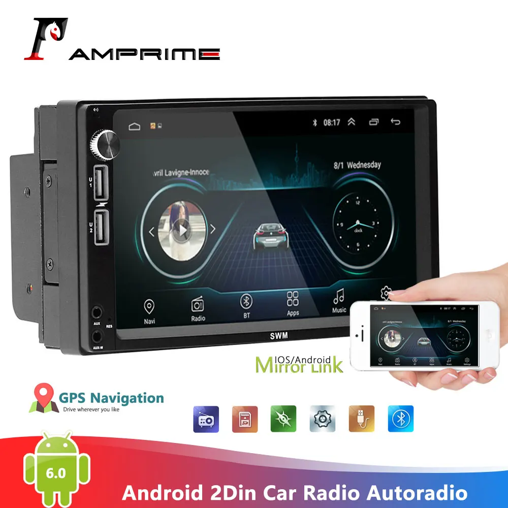 AMPrime 2Din Android Автомагнитола " HD плеер gps WIFI мультимедийный проигрыватель MP5 Bluetooth зеркальная поверхность подключение 2 din FM медиа стерео