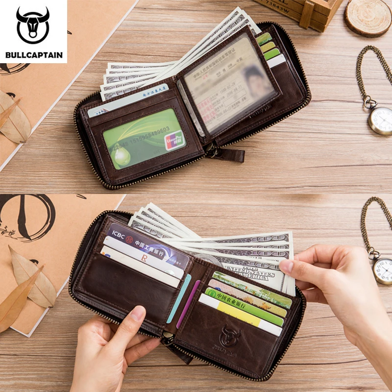 BULLCAPTAIN Genuine Leather Men's Wallet Vintage Zipper with Partition Clip RFID Credit Card Holder Burglar Leather Mini Wallet