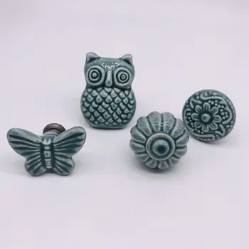 1pcs Green Ceramic European Cabinet Handles Creative Owl Pumpkin Blossom Relief Look Design Kitchen Cabinet Pulls Drawer Knobs