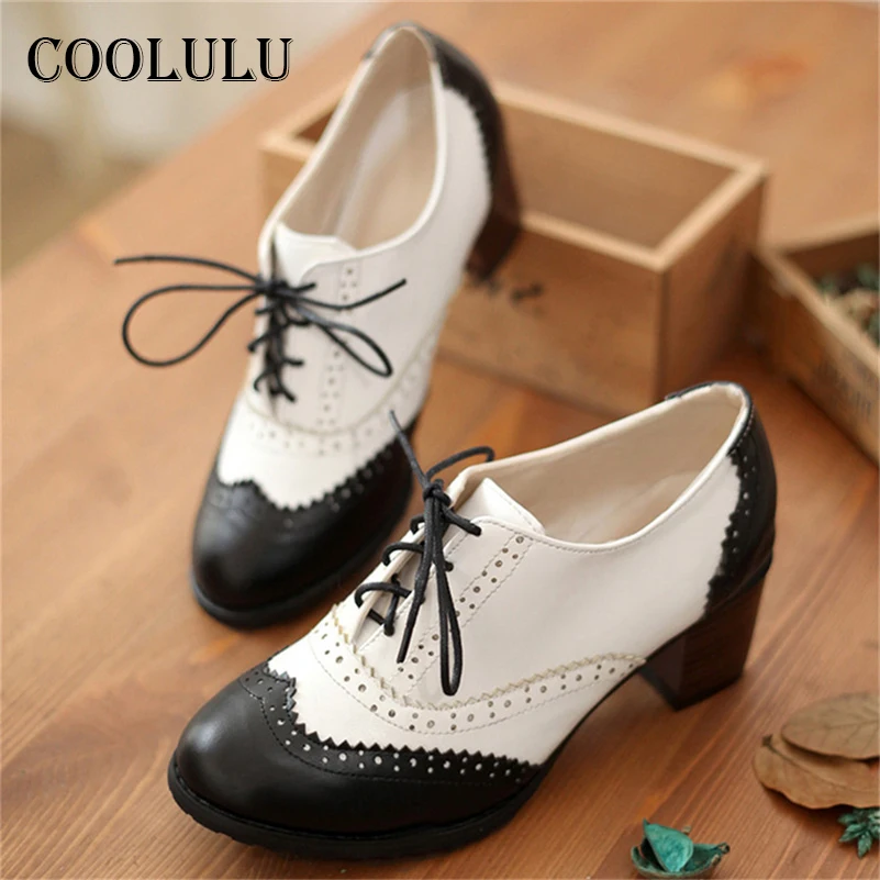 COOLULU 2021 Women Chunky Heel Wingtip 