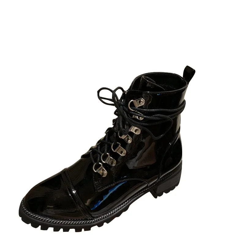 Женские резиновые ботинки; обувь в стиле рок; женские ботинки на низком каблуке со шнуровкой; роскошные дизайнерские ботинки с заклепками и круглым носком; женские резиновые ботинки Martin - Цвет: 1