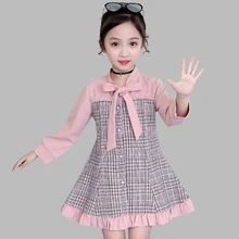 Платья для девочек лоскутное клетчатое платье для девочек, однобортные вечерние платья для детей, Осенние элегантные платья трапециевидной формы в консервативном стиле для девочек