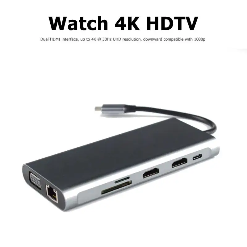 11 в 1 Тип C концентратор USB кабель-Переходник USB C на 2xhdmi+ VGA+ 4xUSB3. 0+ RJ45+ PD+ TF карт ридер