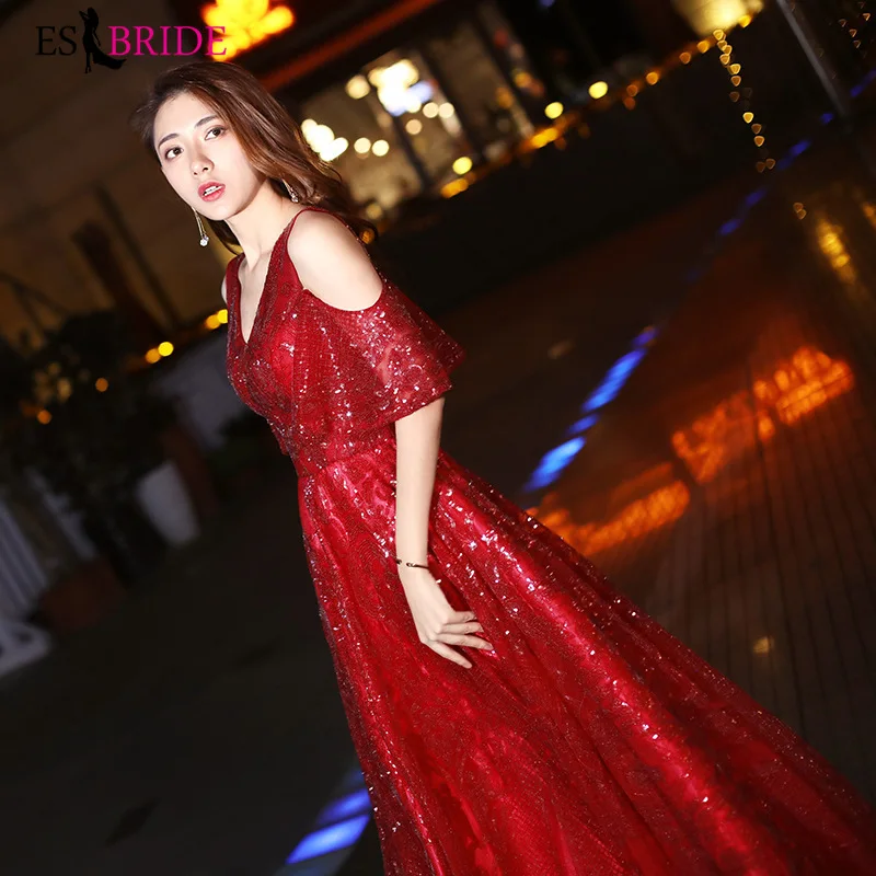 Красные элегантные вечерние платья для женщин трапециевидные с двойным v-образным вырезом с коротким рукавом из тюля блестящие вечерние платья Vestito Lungo