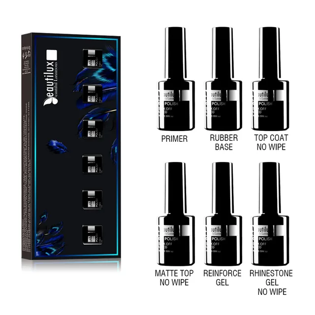 Beautilux Gel Nail Polish Lot Soak Off UV LED Semi Permanent Nails Gels Kit Lacquer Nail Art Design Varnish Wholesale Set of 6 BASE TOP KIT