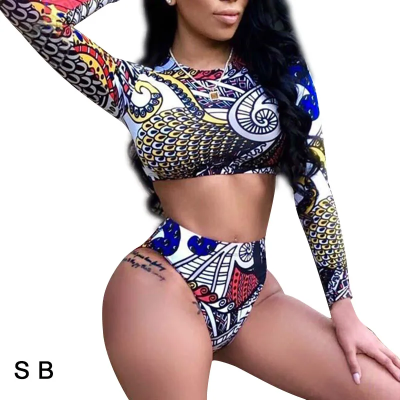 

Women Bikini Set Swimwear Push Up Long Sleeves Tops High Waisted Briefs Summer Beach Suit ENA88