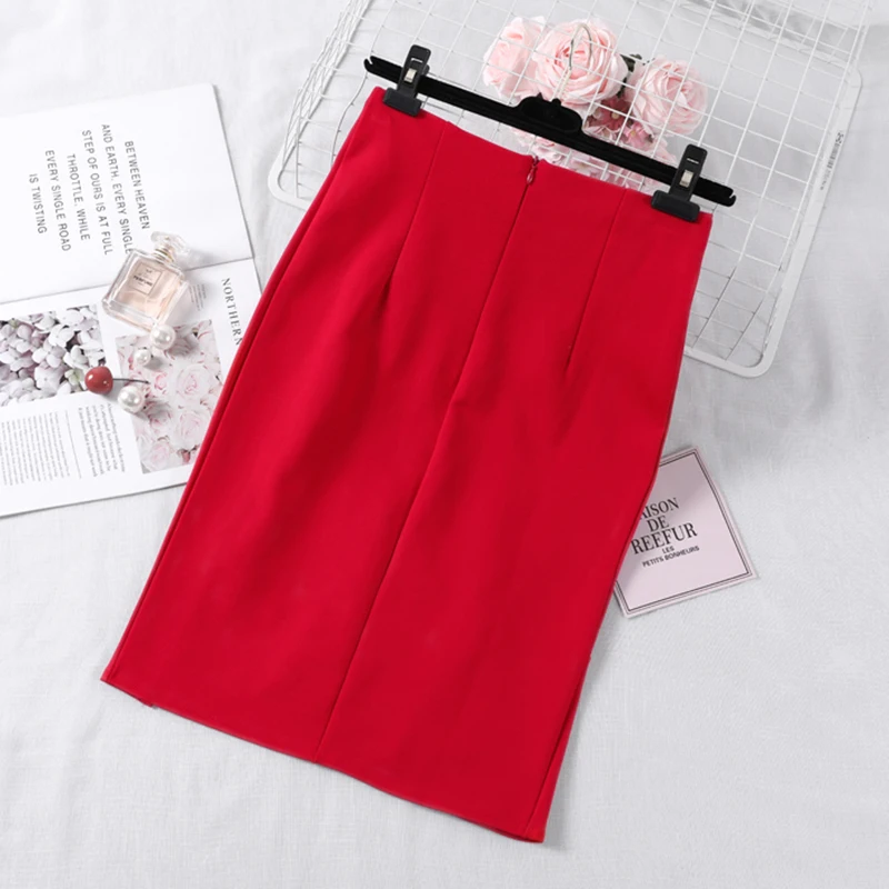 Faldas Mujer,, красные женские юбки на пуговицах, новинка, черная юбка-карандаш, Женская Асимметричная юбка, зима-осень, Jupe Femme, Корейская одежда