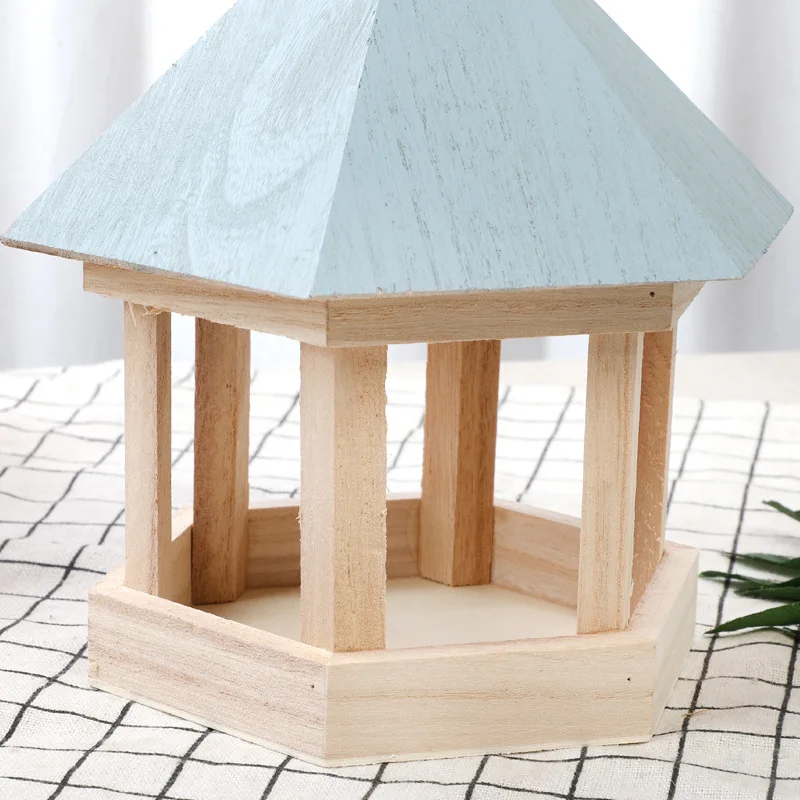 Подвесной деревянный кормушка для птиц, шестигранная крыша, садовое дерево, патио, Декор, деревянные принадлежности для птиц