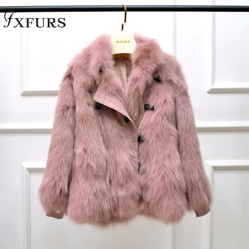 FXFURS Новое Женское пальто из лисьего меха зимняя мода jexxi высокое качество с лисьим мехом кожаный воротник - Цвет: pink