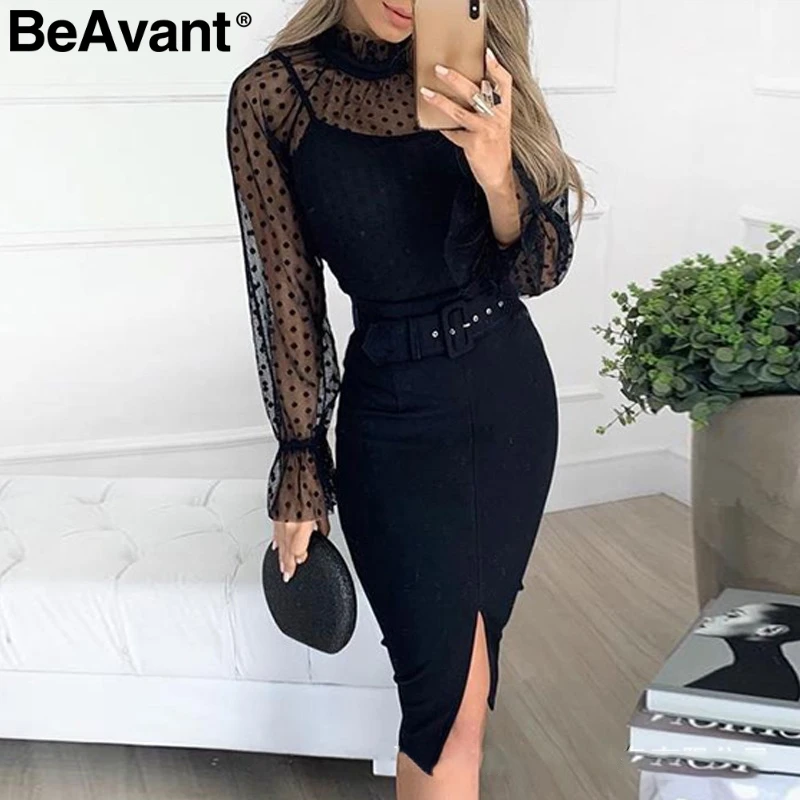 BeAvant сексуальное Полосатое кружевное женское платье с пышными рукавами, поясная оболочка, вечернее платье в черный горошек, осенне-зимнее офисное женское платье