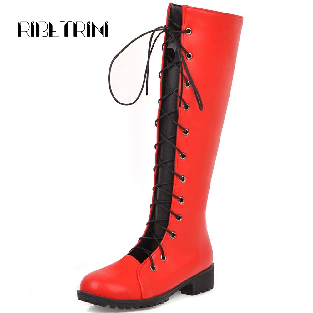 

RIBETRINI Autumn Boots Women 2019 Low Heel Shoes Woman Front Lace Up Round Toe Platform Casual Dress Knee Boots Big Size 35-43