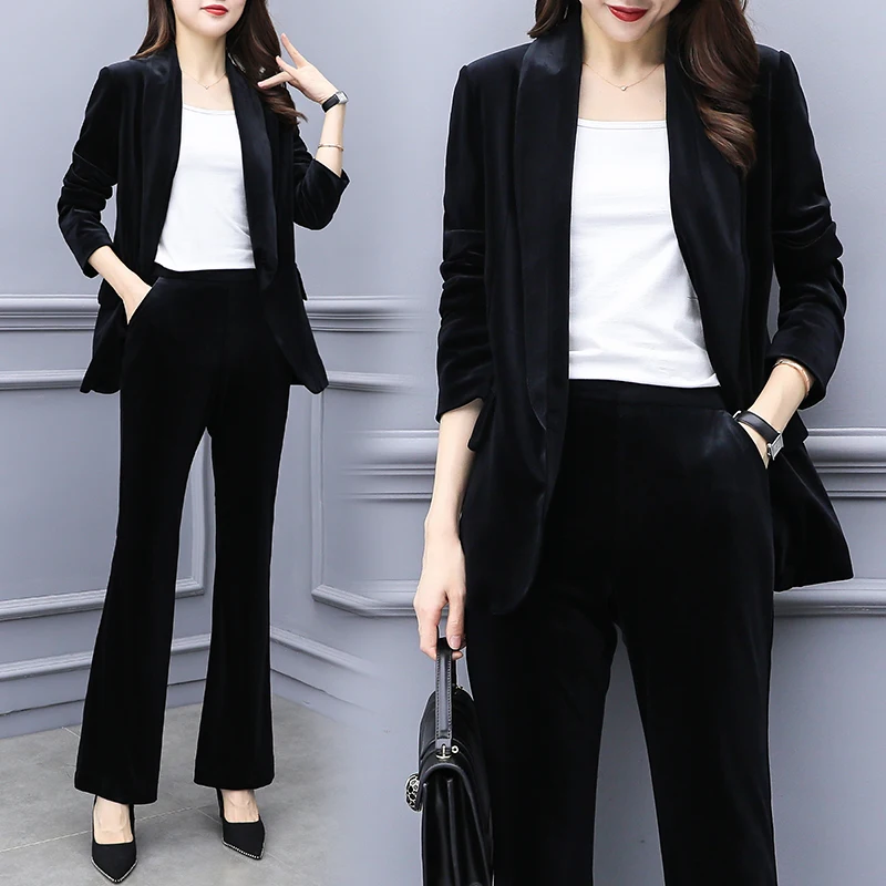 Gold Velvet Plus Size Two Piece Sets Professional Designer Clothes Women Luxury Fashion 2 Piece Set Top And Pants Women's Suit