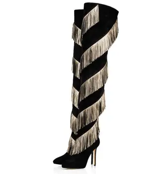 

Lady Sexy whirling Tassel Pointed Toe Over-the-Knee Boots Women Thin High Heels Dress Party Shoes Woman Slip-on Boots 2020 New