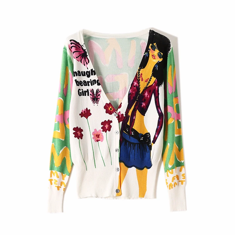 

Colorful cartoon print cardigan women v-neck slim knitted sweater long sleeve cardigans 2019 autumn new arrival