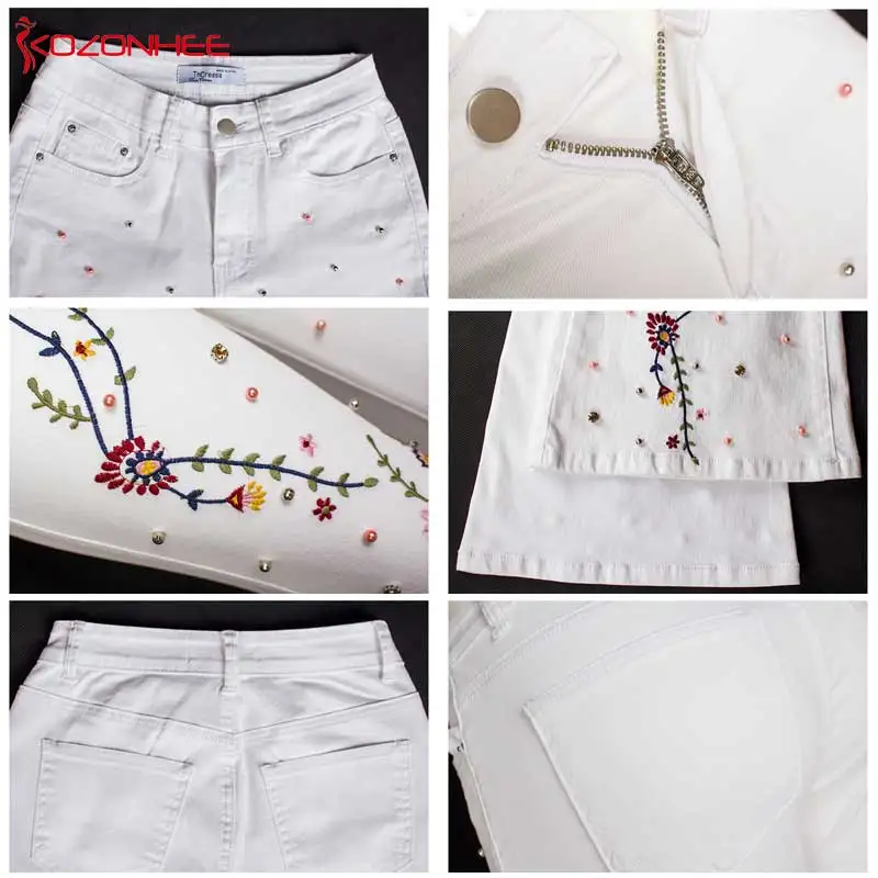 Белые джинсы-клеш с вышивкой, женские эластичные тянущиеся джинсы-клеш, женские джинсы для девушек, большой размер#97