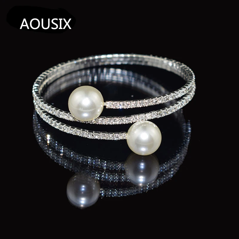 Bangle bracelet crystal bracelets Fashion Imitation Pearl Crystal Bracelet Ladies Gold Silver Plated 1/2 Row Rhinestone Cuff Bracelet for Gift
