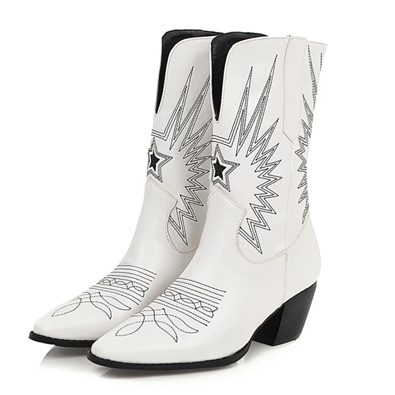 

2019 Women Cowgirl Western Boots Plus Size 46 Block 5.5cm High Heels Retro White Ankle Boots Chunky Stripper Low Heels Shoes