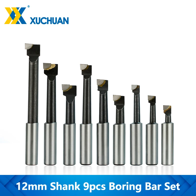 Set of 9 12mm Shank Carbide Tipped Boring Tools 