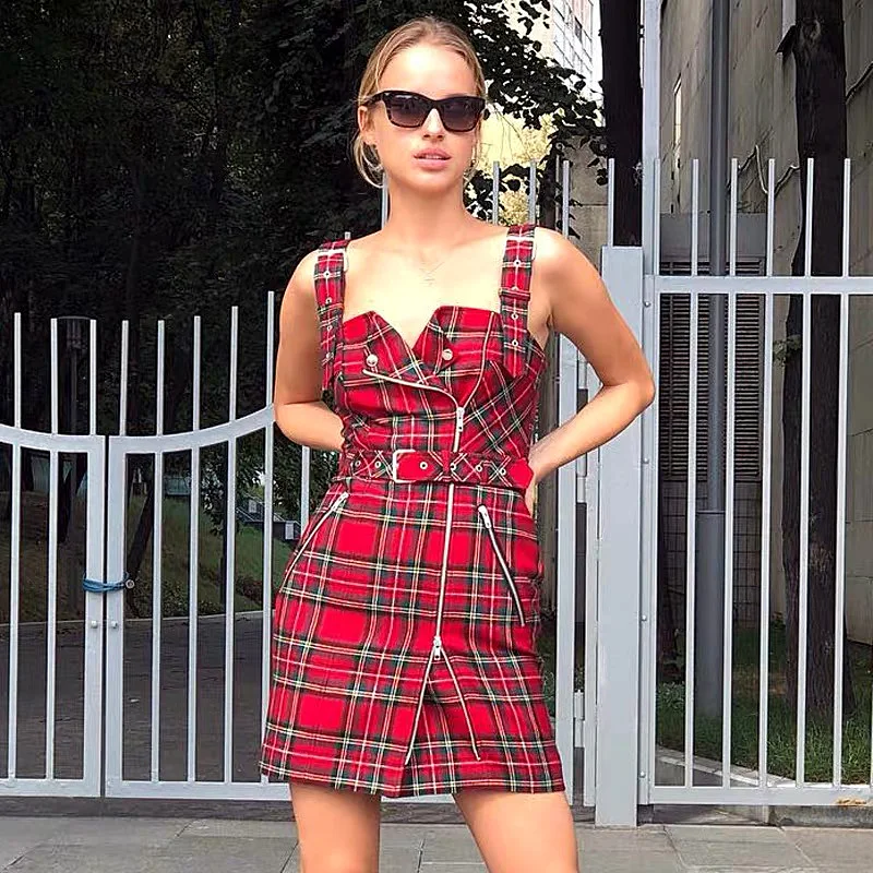 Женское платье, винтажное, vestidos, клетчатое, с открытой спиной, мини, без рукавов, на молнии с поясом, украшенное женскими сексуальными шикарными трапециевидными платьями