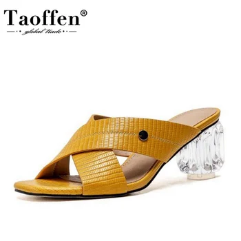 

TAOFFEN Summer Women Sandals Open Toe Solid Color High Heel Shoes Women Simple Leisure Leather Outdoor Women Slippers Size 34-43
