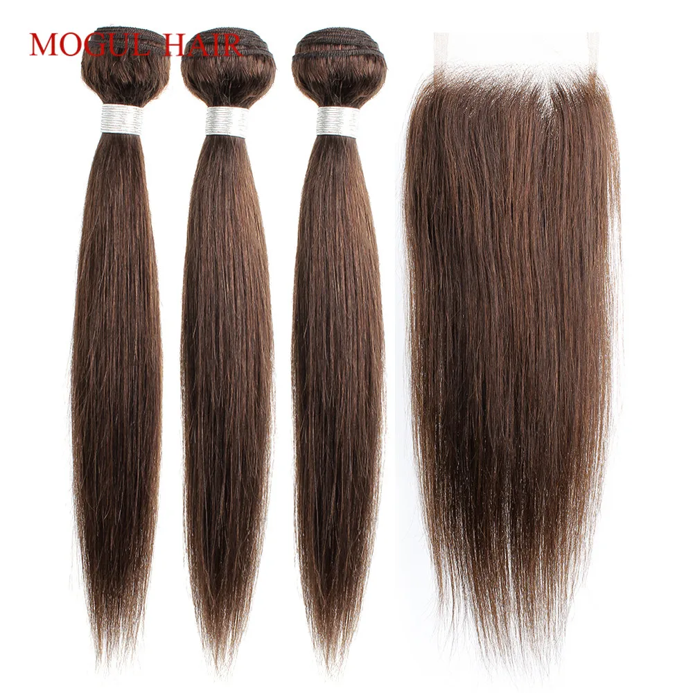 MOGUL HAIR Brazilian Hair Bundle With Closure Color 2 Dark Brown 3/4 Bundles with Closure Straight Non Remy Human Hair Extension