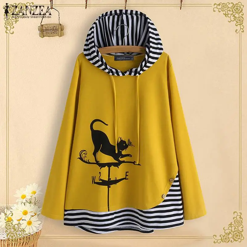  ZANZEA Autumn Women Blouse Cartoon Cat Hoodies Hooded Long Sleeve Tops Casual Patchwork Striped Shi