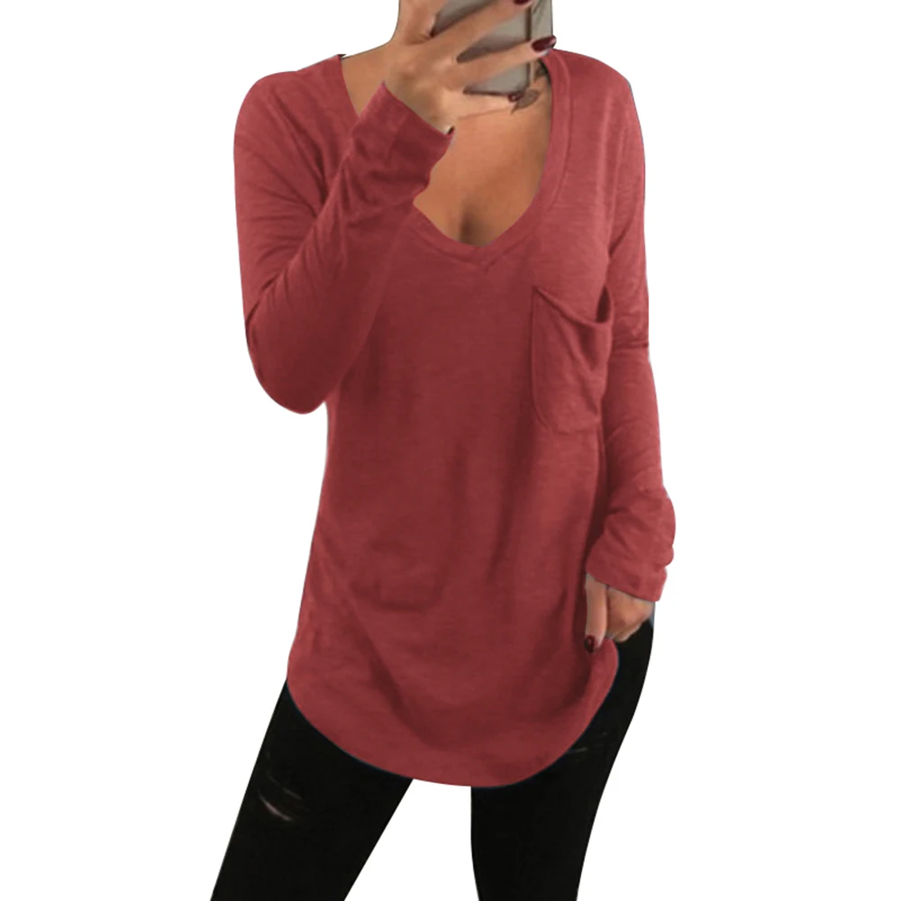 LASPERAL Новая Сексуальная футболка с глубоким v-образным вырезом Женская однотонная Повседневная футболка с длинным рукавом Женские топы с карманом футболки Camiseta Mujer