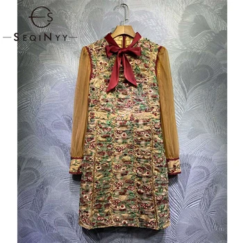 

SEQINYY Fashion Mini Dress 2020 Spring Autumn New Fashion Design Women Mesh Draped Flower Embroidery Red Bow Dress Elegant