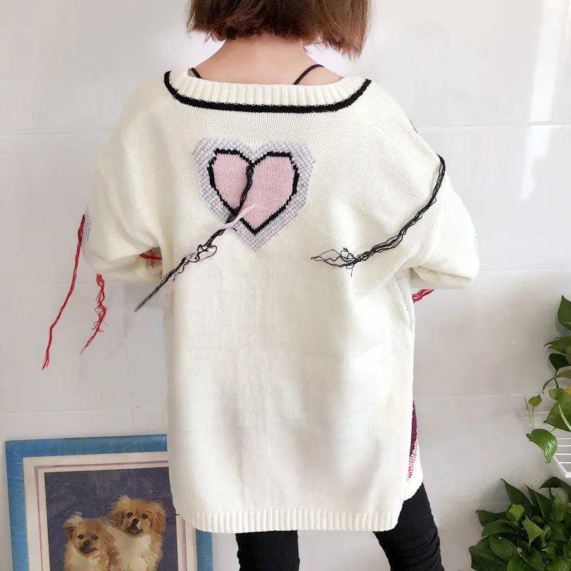 Cardigan Sweater women Tassel button V-neck fashion female love print knit long loose big yards winter clothes LXJ966