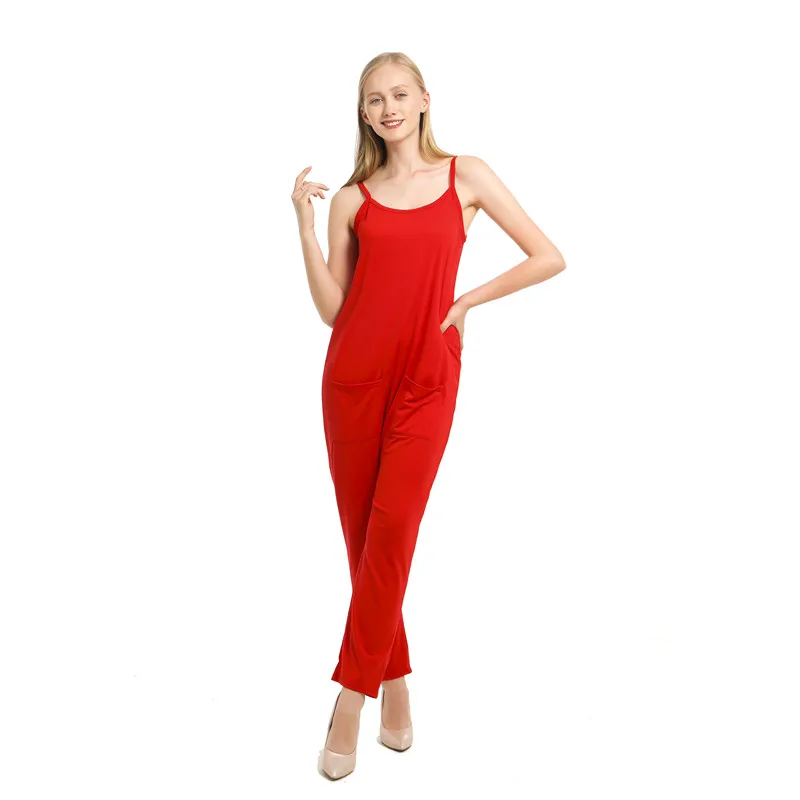 Summer Sexy Sling Jumpsuits Female O Neck Solid Colors Jumpsuit Ladies Spaghetti Strap Jumpsuits With Pocket Women Clothing