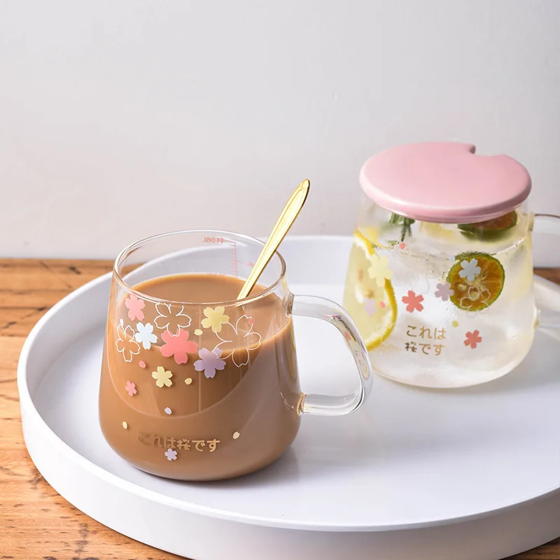 Cute Glass Cups Coffee Mugs Creative Cherry Blossoms Heat-resistant Mug  with Lid 500ml Children Tea Milk Cup Office Gifts - AliExpress