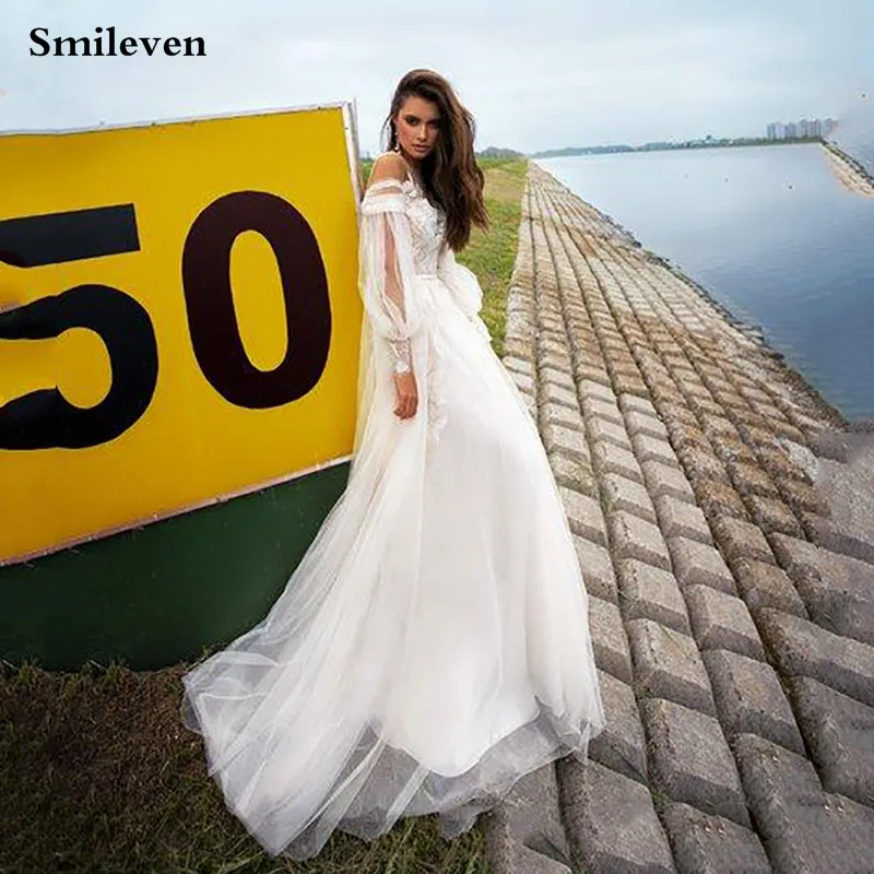 Smileven Boho Свадебные платья трапециевидной формы с пышными рукавами пляжные кружевные платья невесты Свадебные платья с аппликацией