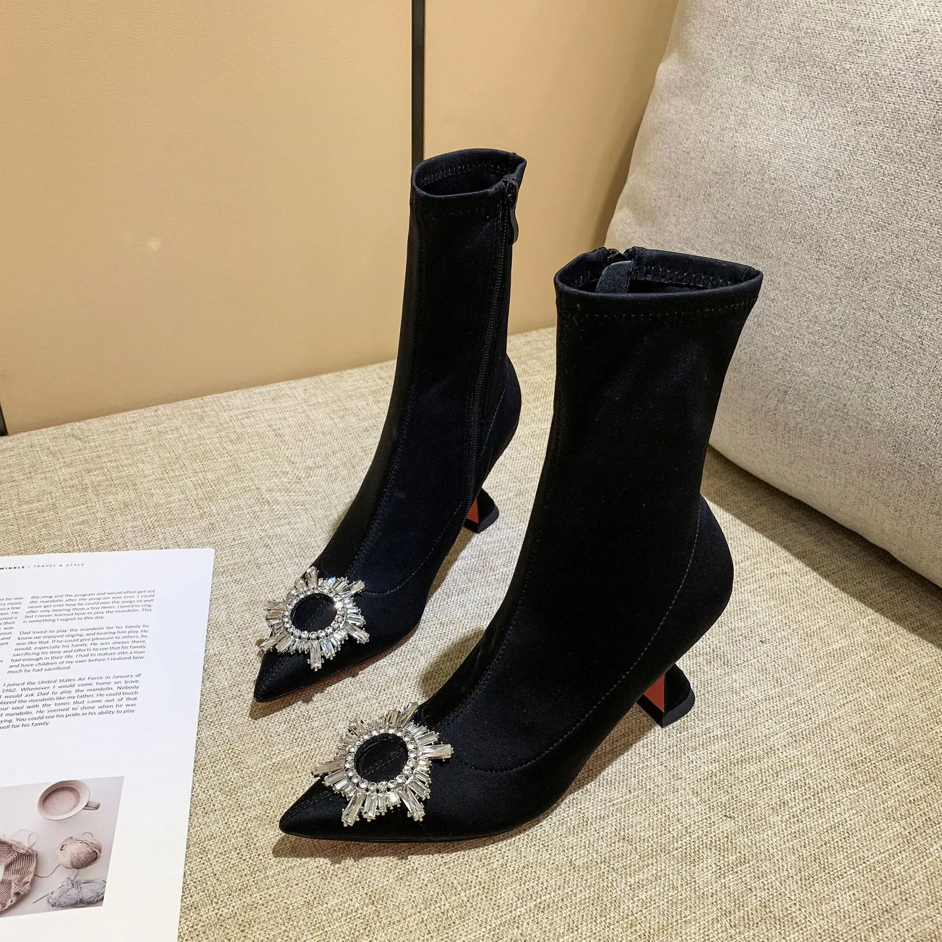 

Women Boots High Heels Pointe Shoes Booties Ladies Zipper Bling Bling Stiletto Pointy Rubber Ankle Pointed Toe Cotton Fabric
