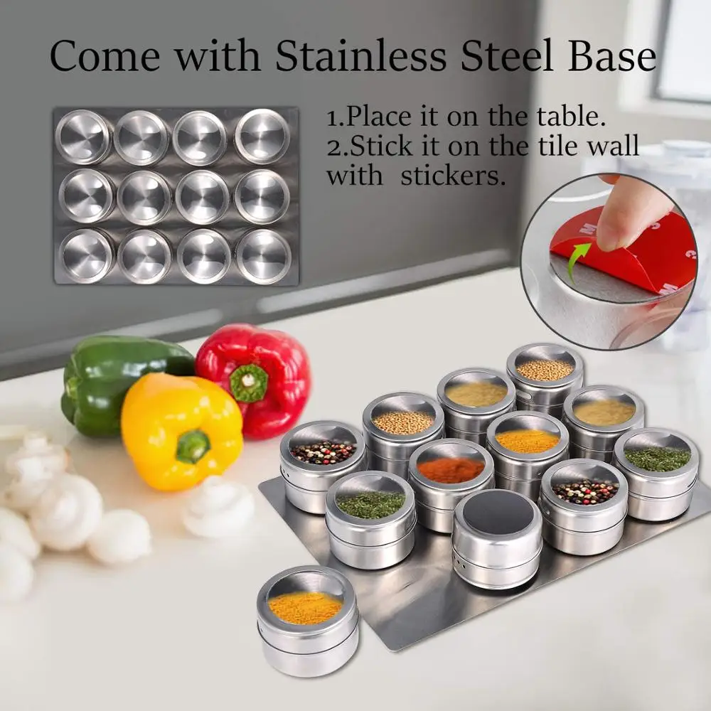 Magnetic Spice Jars With Wall Mounted Rack Stainless Steel Tins Seasoning Containers Label KC0305 | Дом и сад