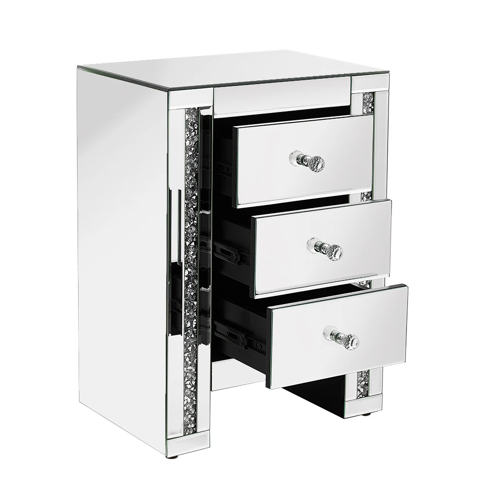 3 Drawer Nightstand Bedside Table Sparkly Mirrored Crushed Crystal Chest Cabinet 